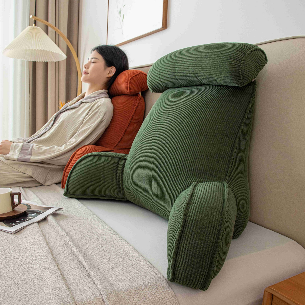 91家纺网 家纺一手货源 找家纺 沐沐家纺 2026新款灯芯绒护腰靠背 墨绿