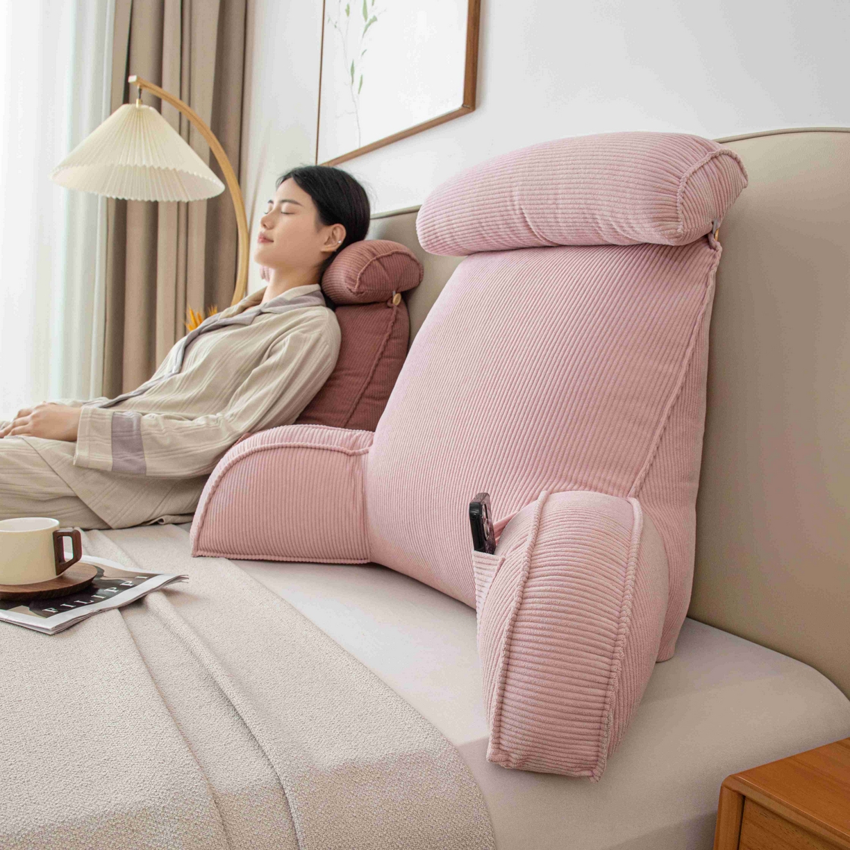 91家纺网 家纺一手货源 找家纺 沐沐家纺 2026新款灯芯绒护腰靠背 樱花粉