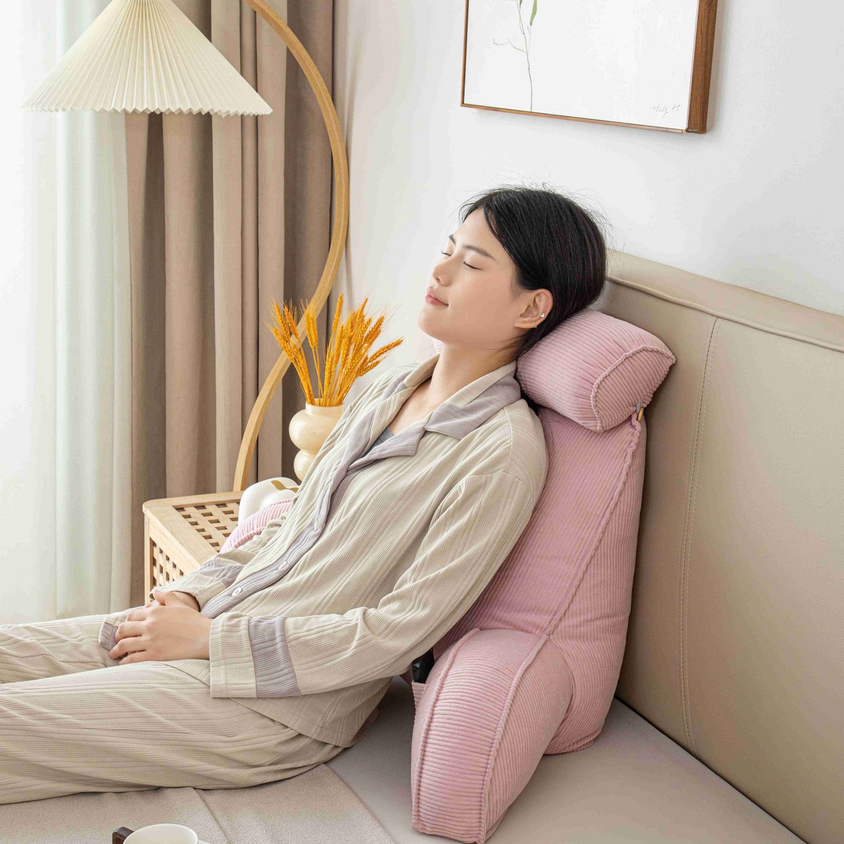 91家纺网 家纺一手货源 找家纺 沐沐家纺 2026新款灯芯绒护腰靠背 樱花粉