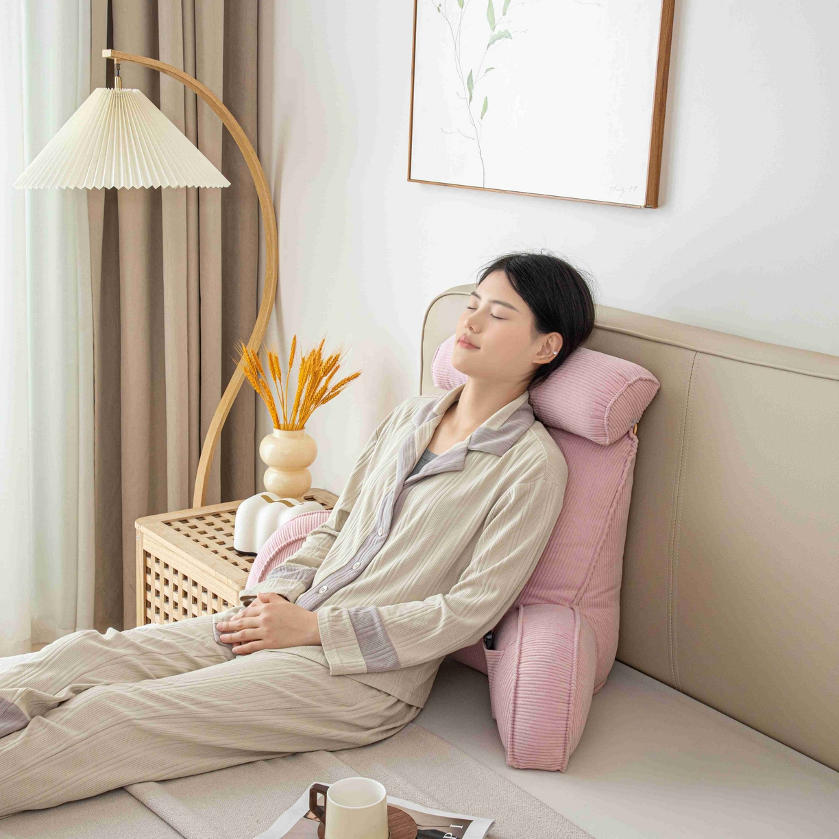 91家纺网 家纺一手货源 找家纺 沐沐家纺 2026新款灯芯绒护腰靠背 樱花粉