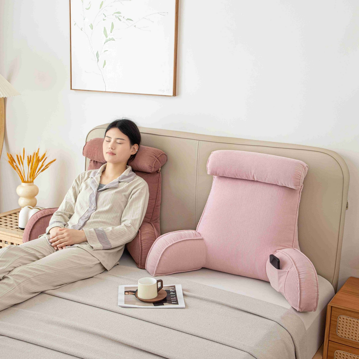 91家纺网 家纺一手货源 找家纺 沐沐家纺 2026新款灯芯绒护腰靠背 樱花粉