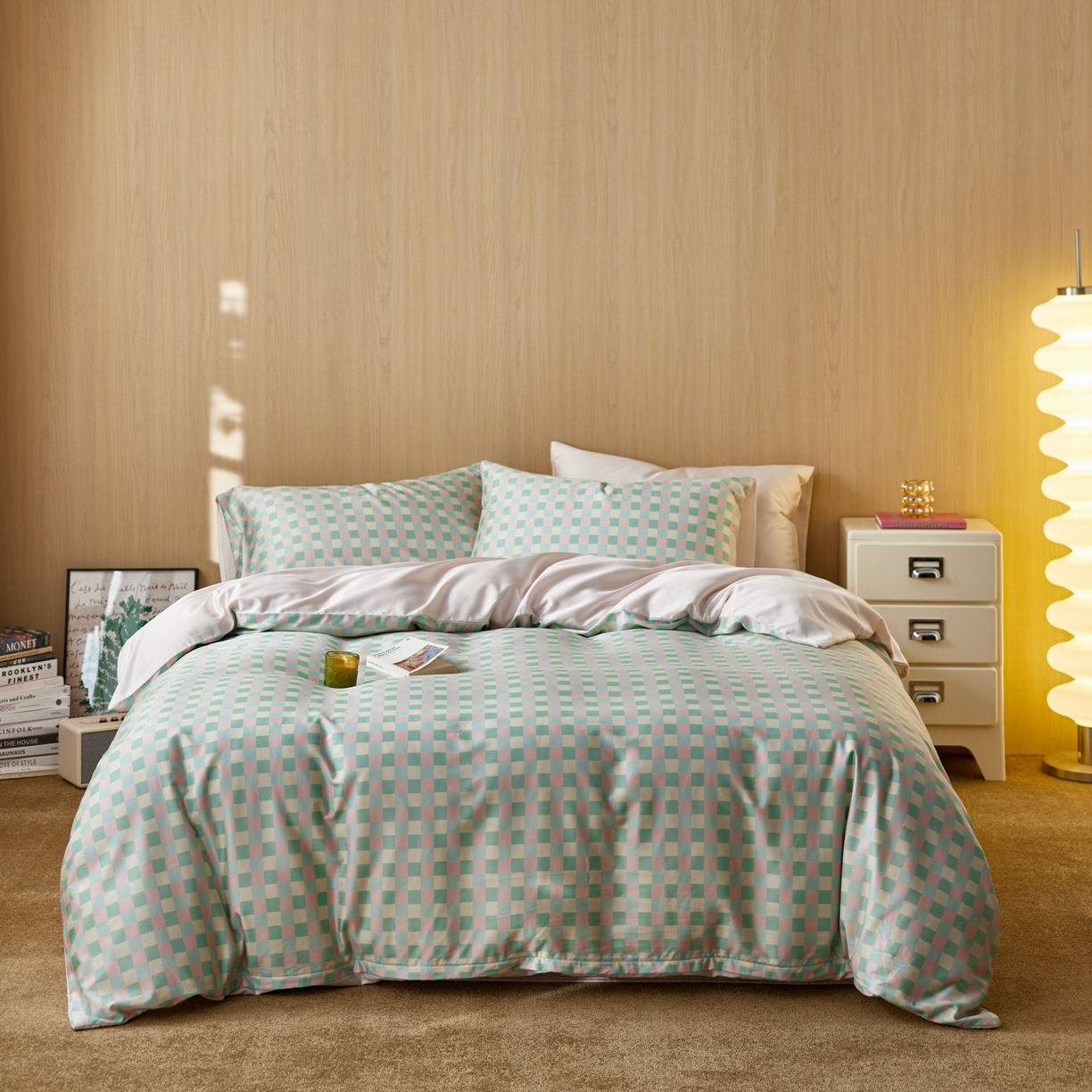 91家纺网 家纺一手货源 找家纺 安莱生活2025春夏新款天丝棉四件套 奶油格