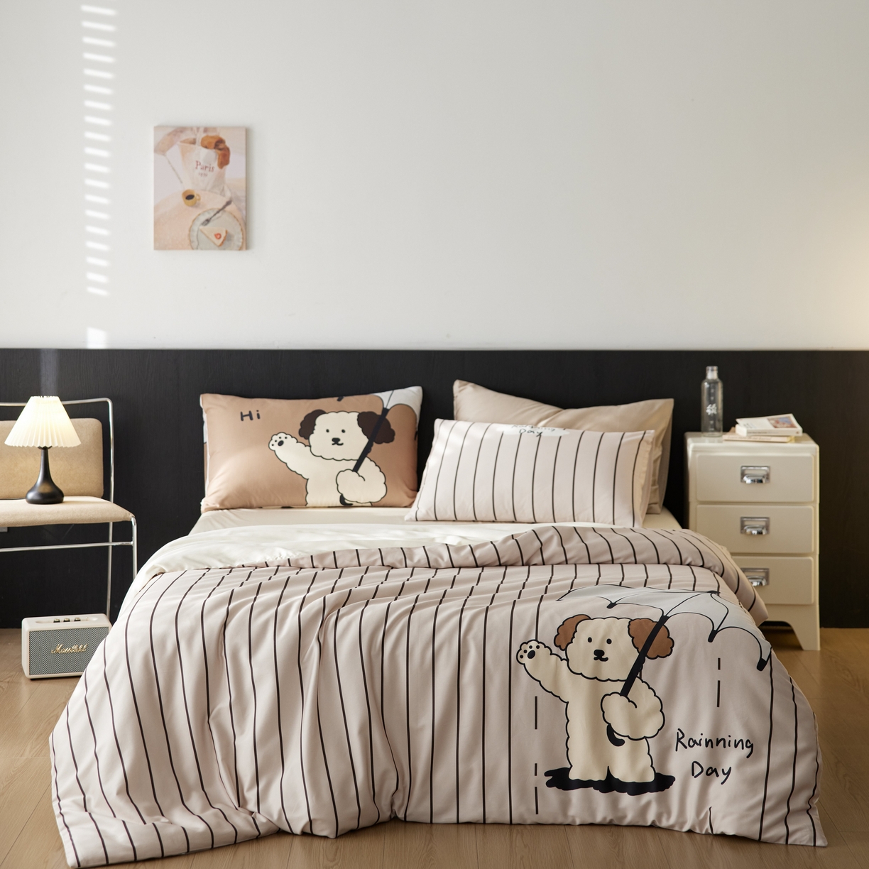 91家纺网 家纺一手货源 找家纺 安莱生活2025春夏新款天丝棉四件套 线条小狗-咖