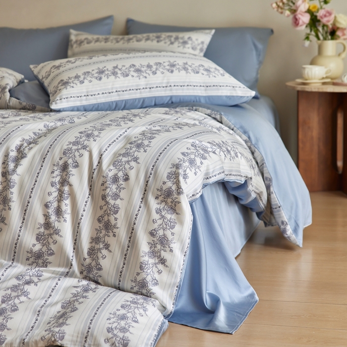 91家纺网 家纺一手货源 找家纺 安莱生活2025春夏新款天丝棉四件套 法尔斯庄园蓝