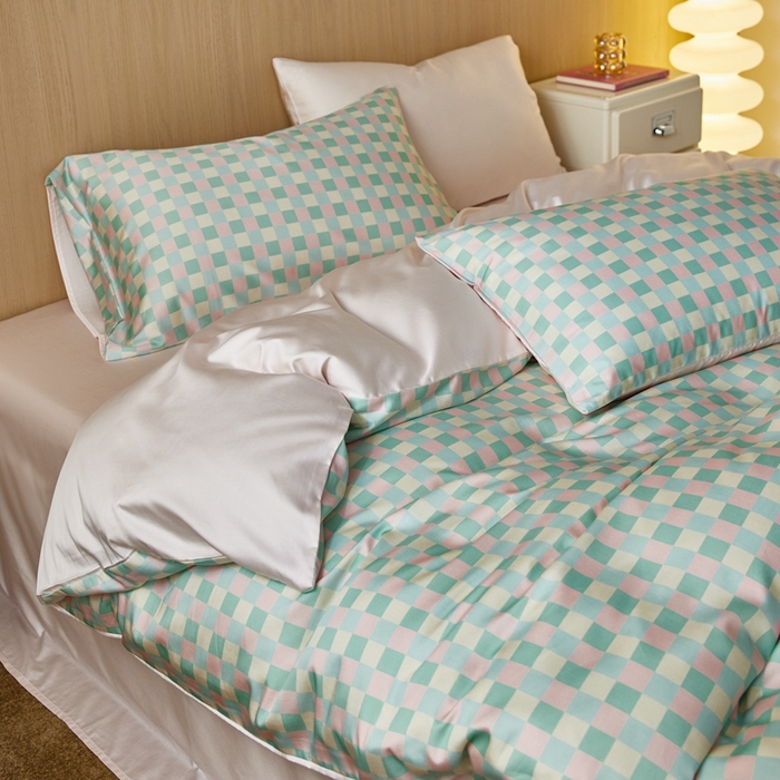 91家纺网 家纺一手货源 找家纺 安莱生活2025春夏新款天丝棉四件套 奶油格