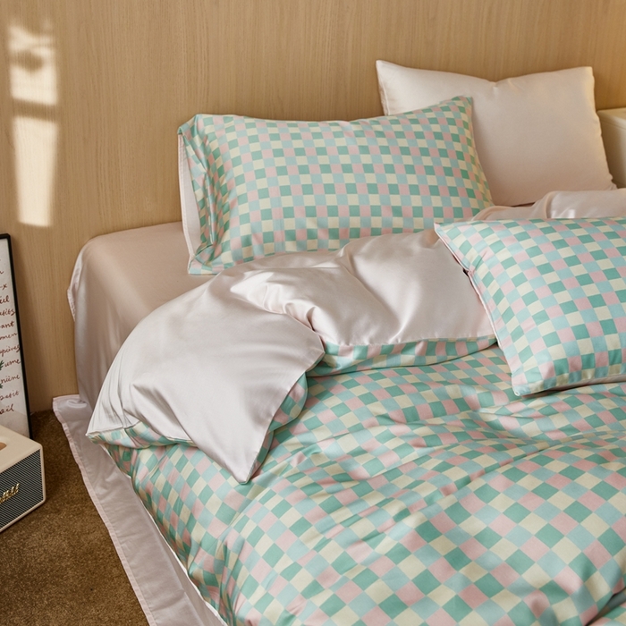 91家纺网 家纺一手货源 找家纺 安莱生活2025春夏新款天丝棉四件套 奶油格