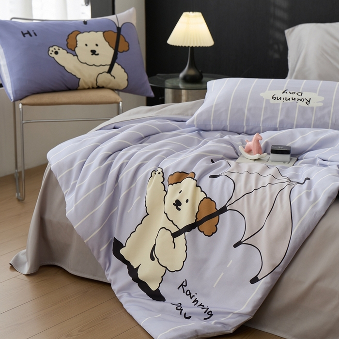 91家纺网 家纺一手货源 找家纺 安莱生活2025春夏新款天丝棉四件套 线条小狗-蓝