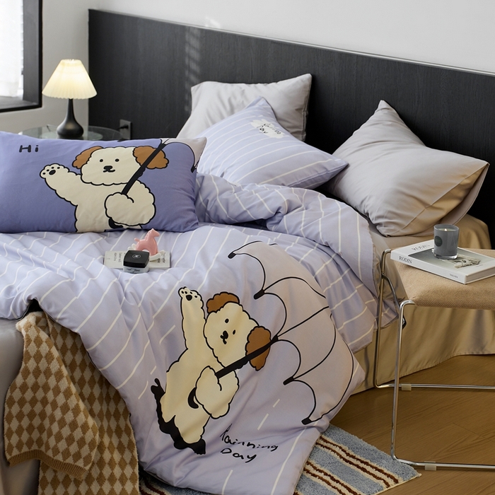 91家纺网 家纺一手货源 找家纺 安莱生活2025春夏新款天丝棉四件套 线条小狗-蓝