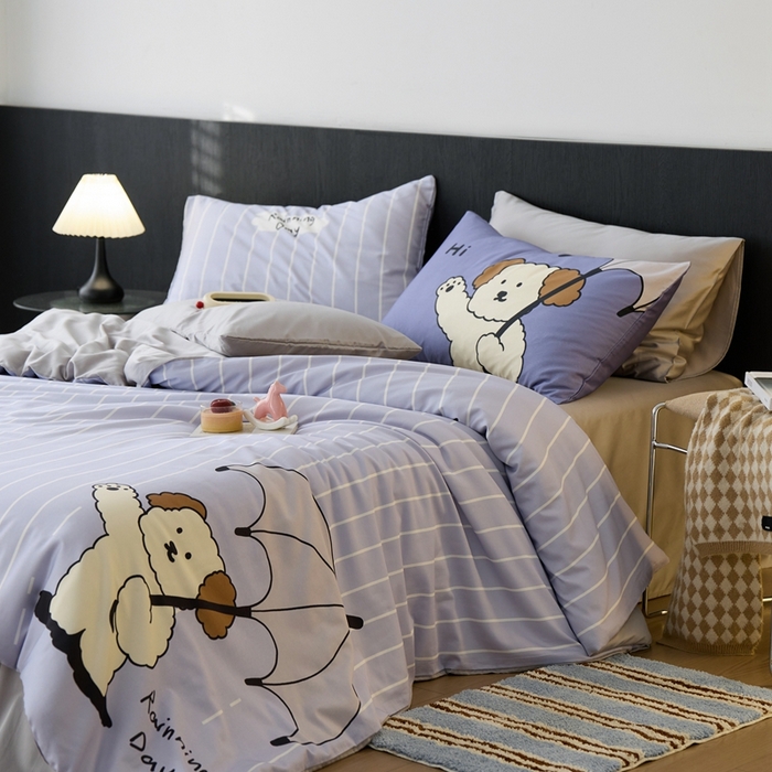 91家纺网 家纺一手货源 找家纺 安莱生活2025春夏新款天丝棉四件套 线条小狗-蓝