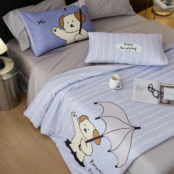 91家纺网 家纺一手货源 找家纺 安莱生活2025春夏新款天丝棉四件套 线条小狗-蓝