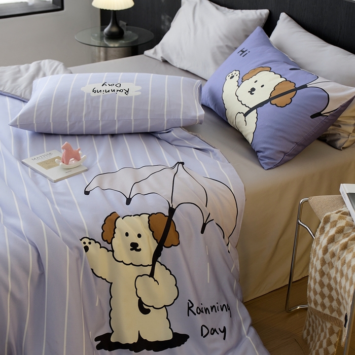 91家纺网 家纺一手货源 找家纺 安莱生活2025春夏新款天丝棉四件套 线条小狗-蓝