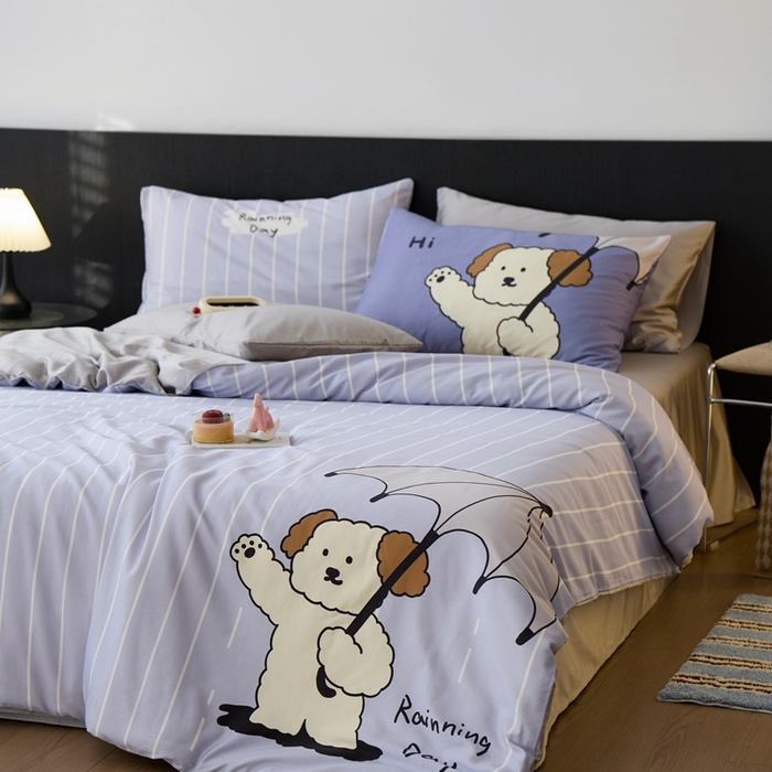 91家纺网 家纺一手货源 找家纺 安莱生活2025春夏新款天丝棉四件套 线条小狗-蓝