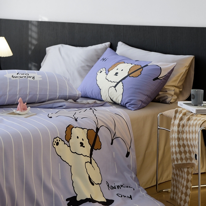 91家纺网 家纺一手货源 找家纺 安莱生活2025春夏新款天丝棉四件套 线条小狗-蓝