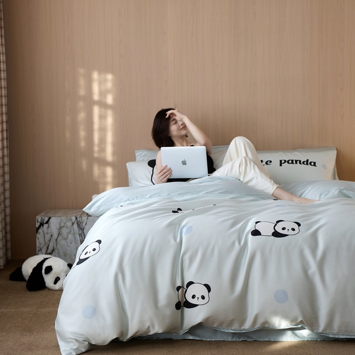 91家纺网 家纺一手货源 找家纺 安莱生活2025春夏新款天丝棉四件套 熊猫花花