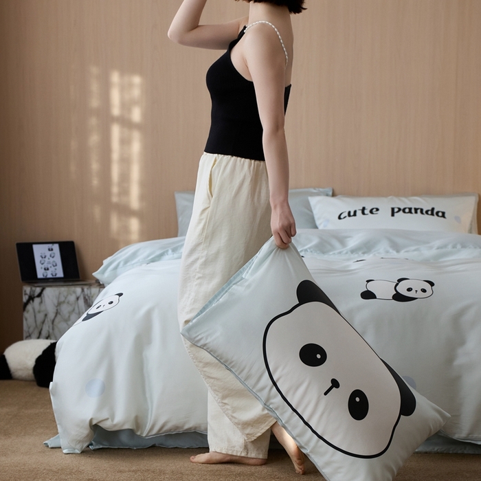 91家纺网 家纺一手货源 找家纺 安莱生活2025春夏新款天丝棉四件套 熊猫花花