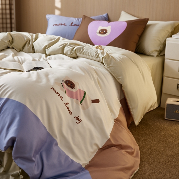 91家纺网 家纺一手货源 找家纺 安莱生活2025春夏新款天丝棉四件套 慵懒小猫