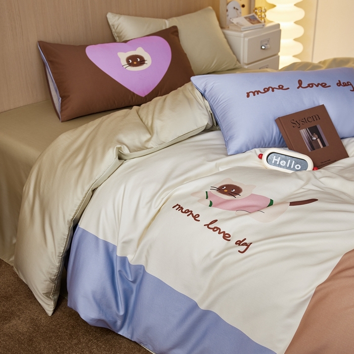 安莱生活2025春夏新款天丝棉四件套 慵懒小猫