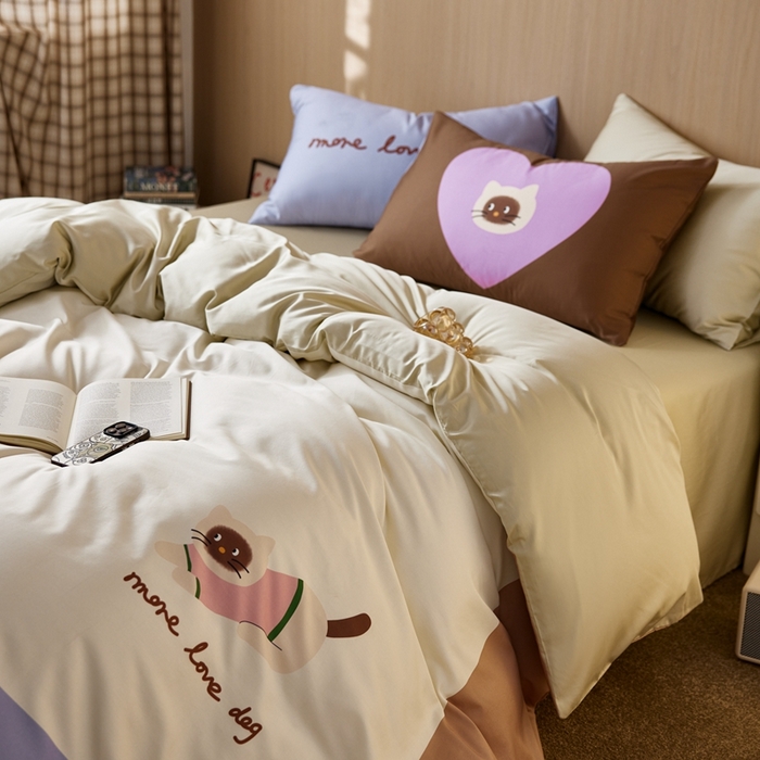 91家纺网 家纺一手货源 找家纺 安莱生活2025春夏新款天丝棉四件套 慵懒小猫