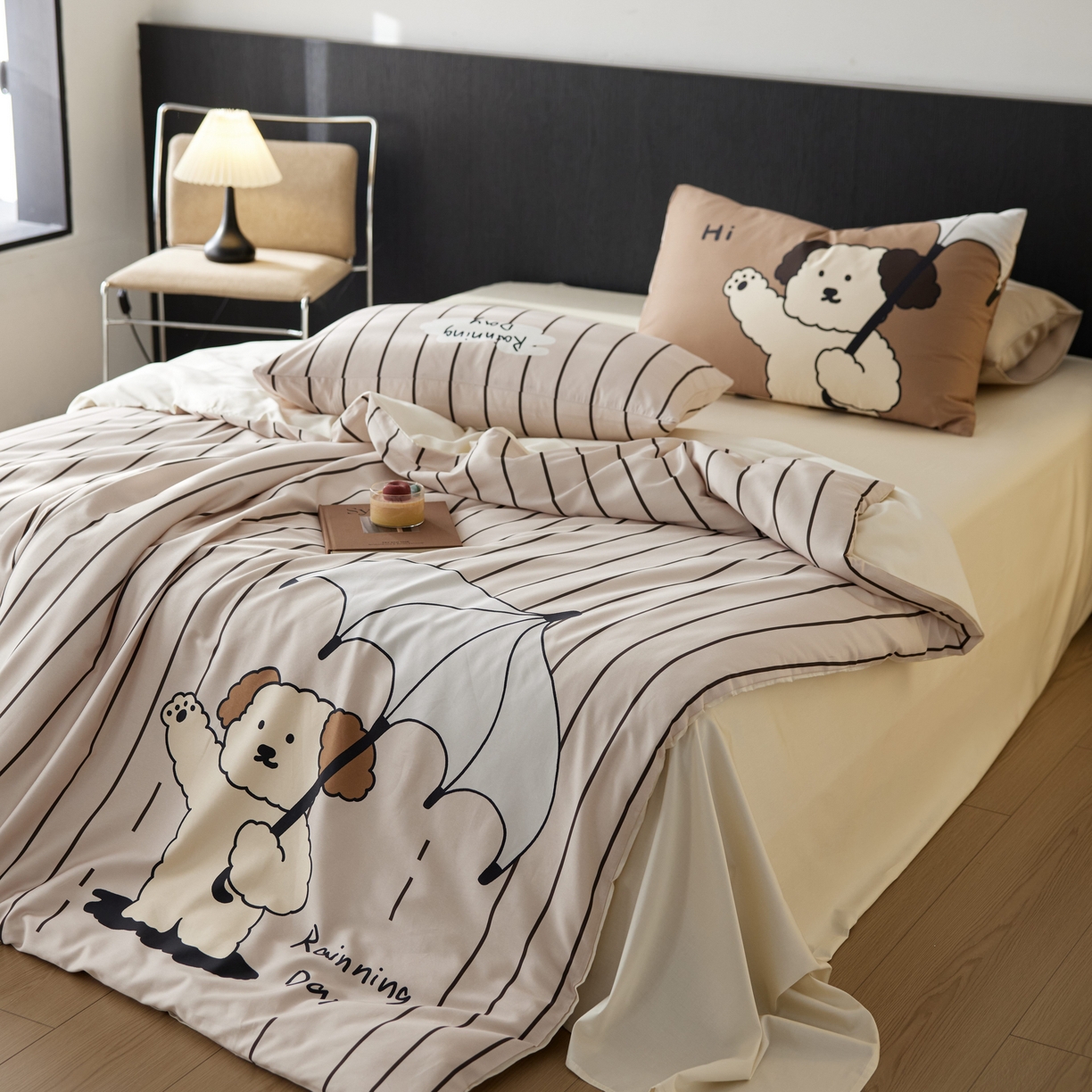 91家纺网 家纺一手货源 找家纺 安莱生活2025春夏新款天丝棉四件套 线条小狗-咖