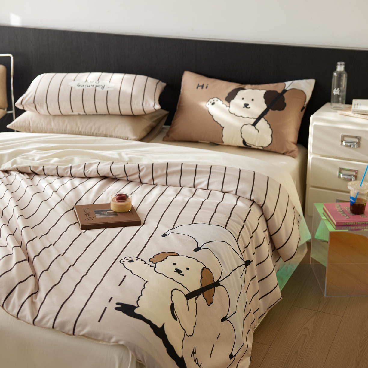 91家纺网 家纺一手货源 找家纺 安莱生活2025春夏新款天丝棉四件套 线条小狗-咖