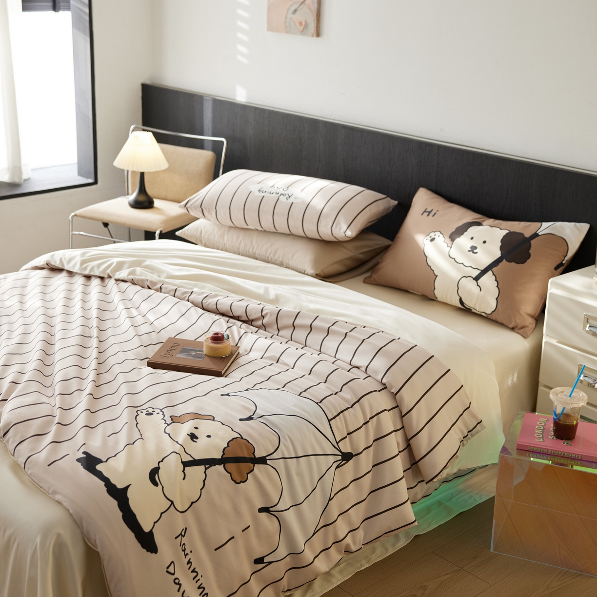 91家纺网 家纺一手货源 找家纺 安莱生活2025春夏新款天丝棉四件套 线条小狗-咖