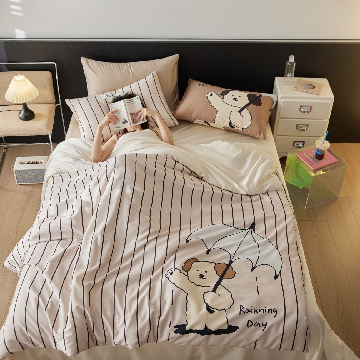 91家纺网 家纺一手货源 找家纺 安莱生活2025春夏新款天丝棉四件套 线条小狗-咖