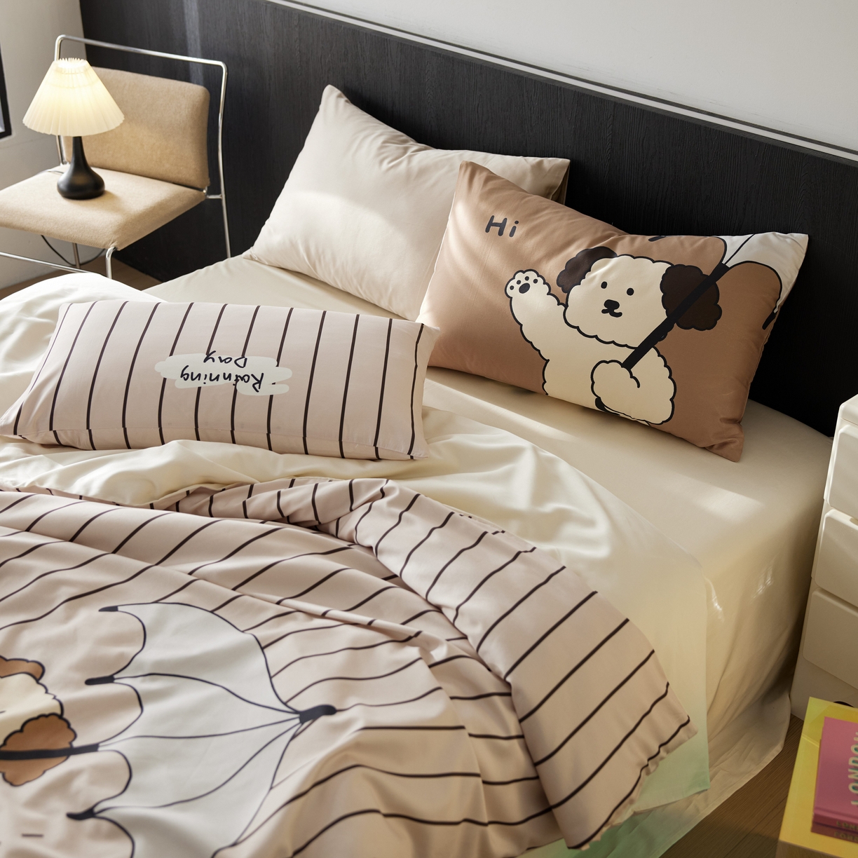 91家纺网 家纺一手货源 找家纺 安莱生活2025春夏新款天丝棉四件套 线条小狗-咖