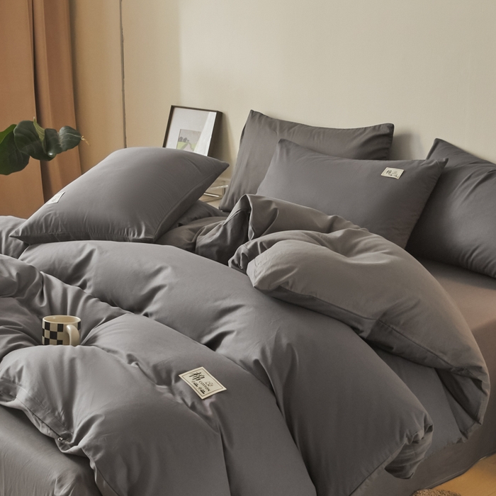 91家纺网 家纺一手货源 找家纺 莱通家纺 2025新款纯色双拼四件套 深灰+浅灰