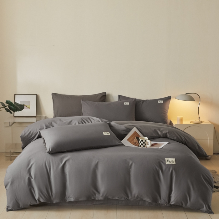 91家纺网 家纺一手货源 找家纺 莱通家纺 2025新款纯色双拼四件套 深灰+浅灰