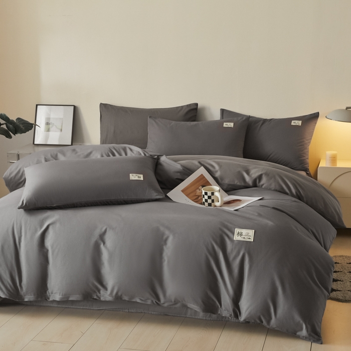 91家纺网 家纺一手货源 找家纺 莱通家纺 2025新款纯色双拼四件套 深灰+浅灰