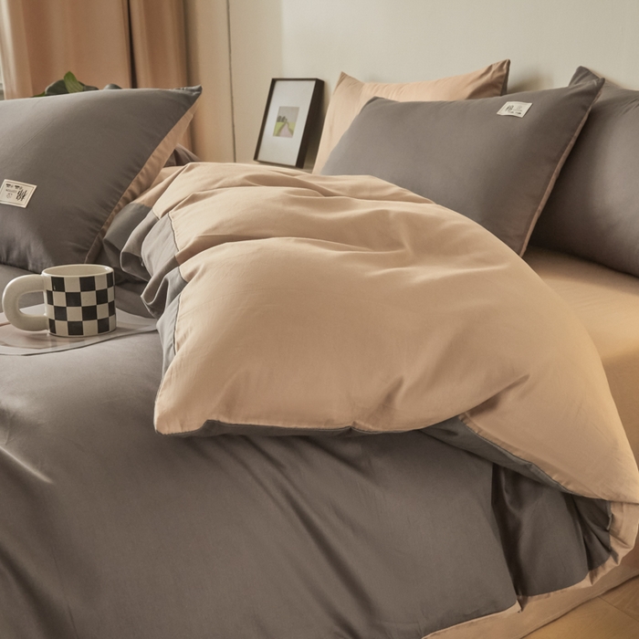 91家纺网 家纺一手货源 找家纺 莱通家纺 2025新款纯色双拼四件套 浅灰+咖