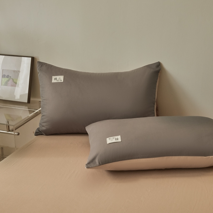 91家纺网 家纺一手货源 找家纺 莱通家纺 2025新款纯色双拼四件套 浅灰+咖