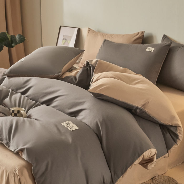 91家纺网 家纺一手货源 找家纺 莱通家纺 2025新款纯色双拼四件套 浅灰+咖