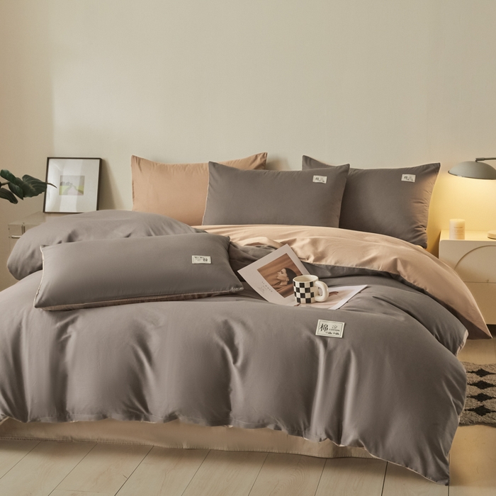 91家纺网 家纺一手货源 找家纺 莱通家纺 2025新款纯色双拼四件套 浅灰+咖