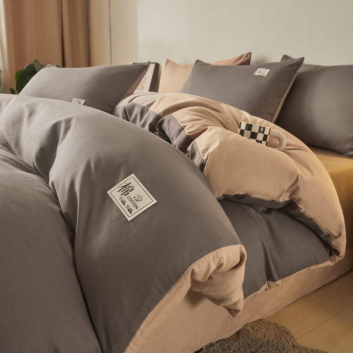 91家纺网 家纺一手货源 找家纺 莱通家纺 2025新款纯色双拼四件套 浅灰+咖