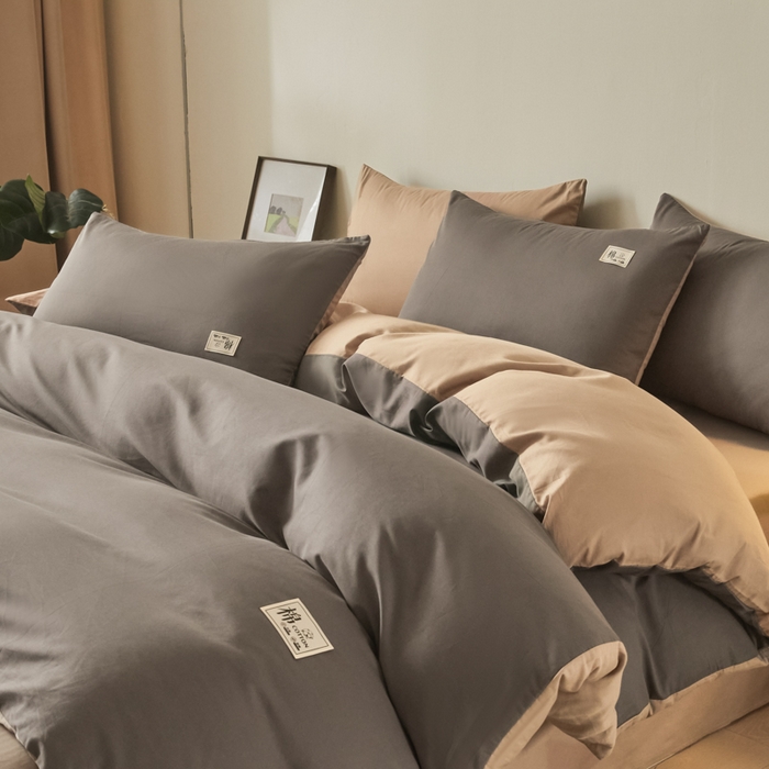 莱通家纺 2025新款纯色双拼四件套 浅灰+咖