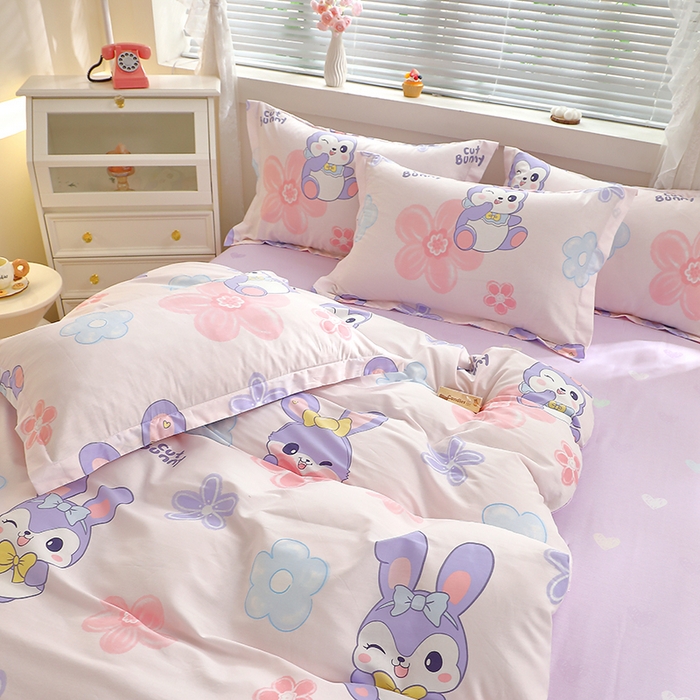 91家纺网 家纺一手货源 找家纺 牧笛缘家纺 2025新款全棉12868四件套 粉色兔宠