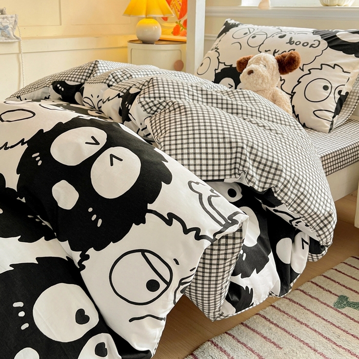 91家纺网 家纺一手货源 找家纺 西引力 2025新款全棉印花学生宿舍三件套四件套 煤球