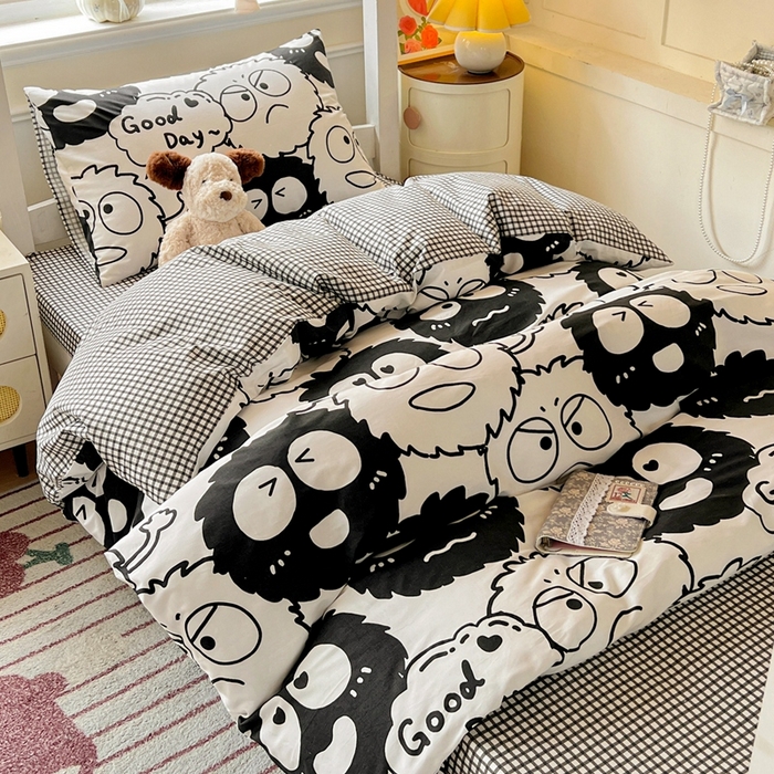 91家纺网 家纺一手货源 找家纺 西引力 2025新款全棉印花学生宿舍三件套四件套 煤球