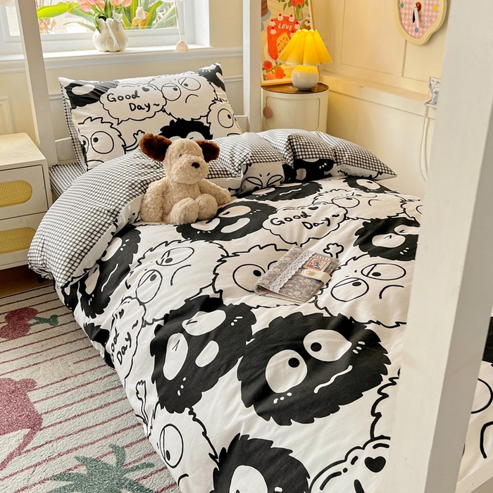 91家纺网 家纺一手货源 找家纺 西引力 2025新款全棉印花学生宿舍三件套四件套 煤球