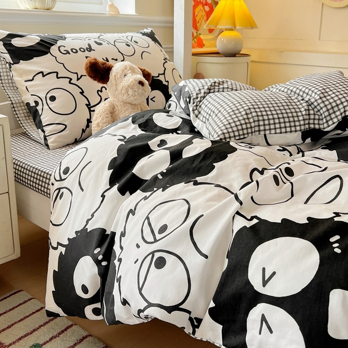 91家纺网 家纺一手货源 找家纺 西引力 2025新款全棉印花学生宿舍三件套四件套 煤球