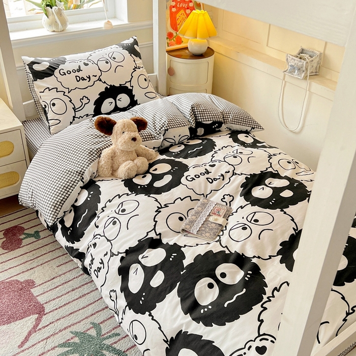 91家纺网 家纺一手货源 找家纺 西引力 2025新款全棉印花学生宿舍三件套四件套 煤球