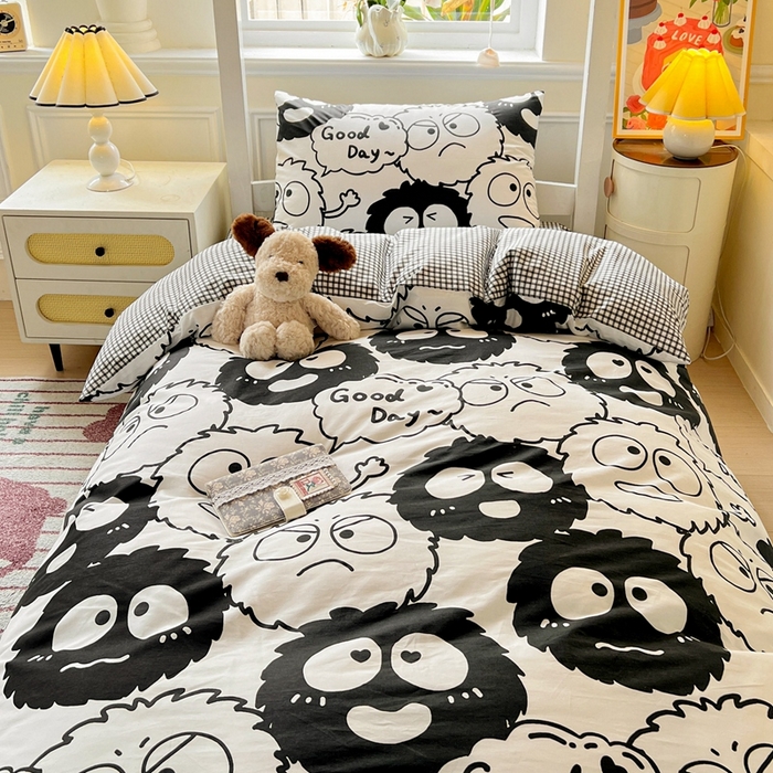 91家纺网 家纺一手货源 找家纺 西引力 2025新款全棉印花学生宿舍三件套四件套 煤球