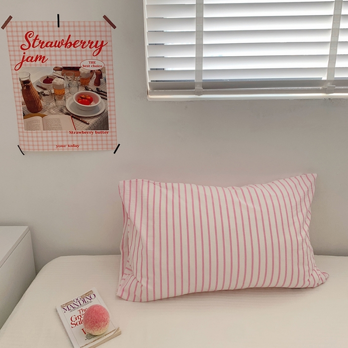 91家纺网 家纺一手货源 找家纺 柚可家居 2024新款水洗棉条纹系列单枕套-系列四 竖条红色
