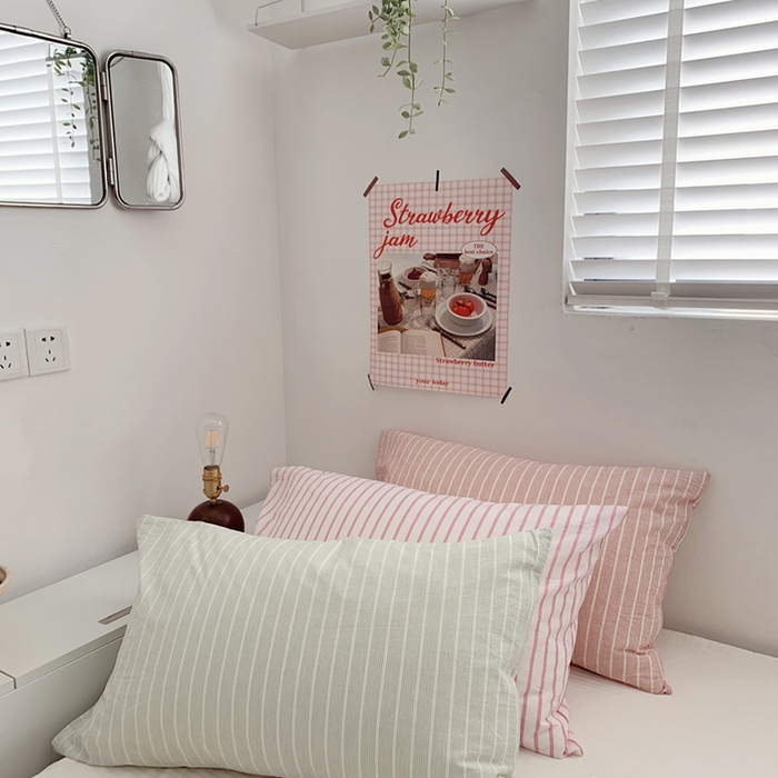 91家纺网 家纺一手货源 找家纺 柚可家居 2024新款水洗棉条纹系列单枕套-系列四 细竖条红色