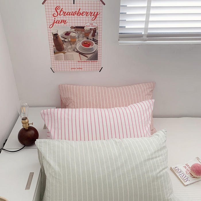 91家纺网 家纺一手货源 找家纺 柚可家居 2024新款水洗棉条纹系列单枕套-系列四 细竖条绿色