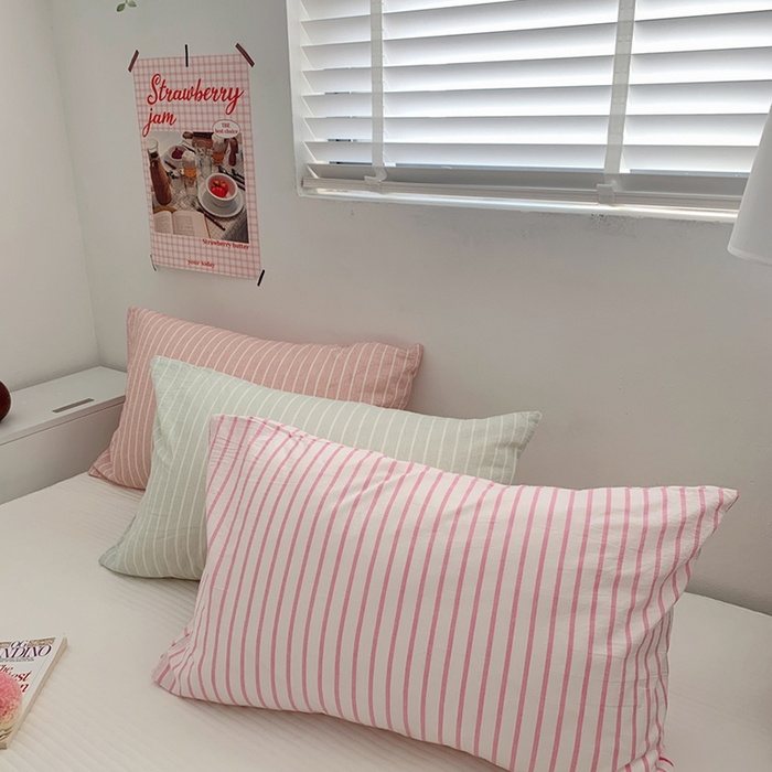 91家纺网 家纺一手货源 找家纺 柚可家居 2024新款水洗棉条纹系列单枕套-系列四 细竖条绿色