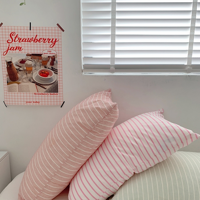 91家纺网 家纺一手货源 找家纺 柚可家居 2024新款水洗棉条纹系列单枕套-系列四 细竖条绿色