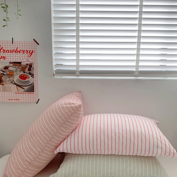 91家纺网 家纺一手货源 找家纺 柚可家居 2024新款水洗棉条纹系列单枕套-系列四 细竖条绿色