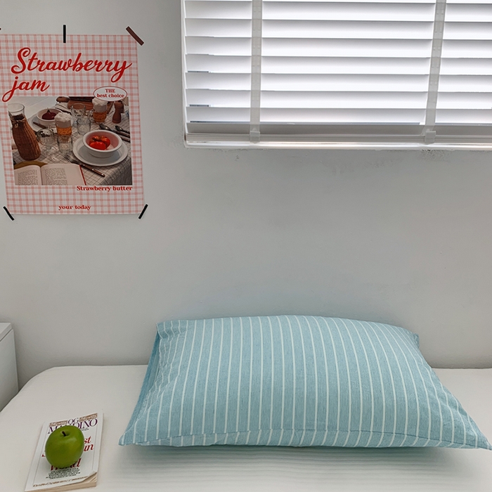 91家纺网 家纺一手货源 找家纺 柚可家居 2024新款水洗棉条纹系列单枕套-系列三 细竖条蓝色